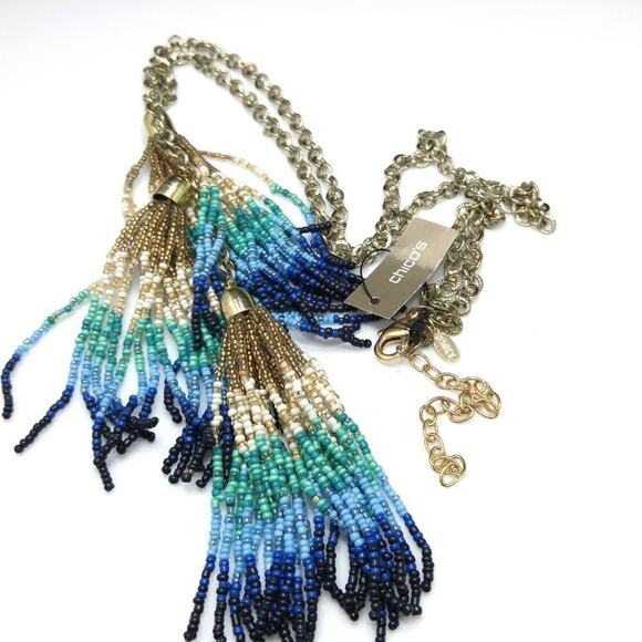 Chico's Blue Green Gold Seed Bead 3 Tassel Necklace, New With Tags, 36 Inches - Picture 10 of 12